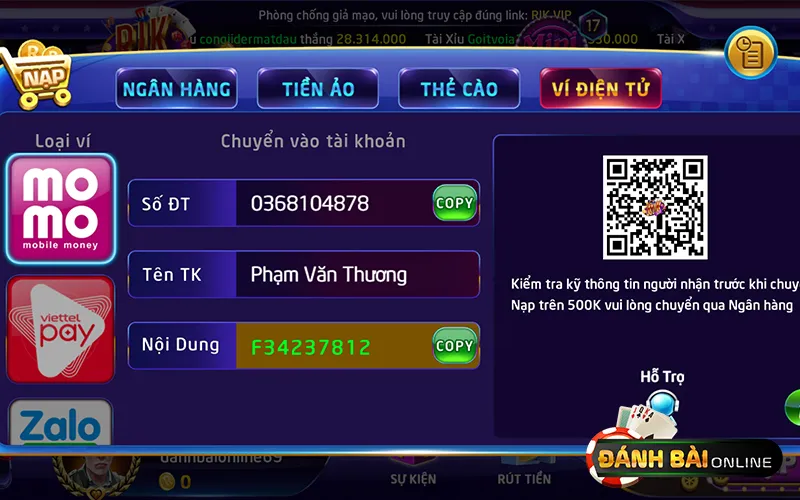 Các bước nạp tiền đánh bài online Rikvip qua ví điện tử Momo, Zalo Pay, Viettel Pay